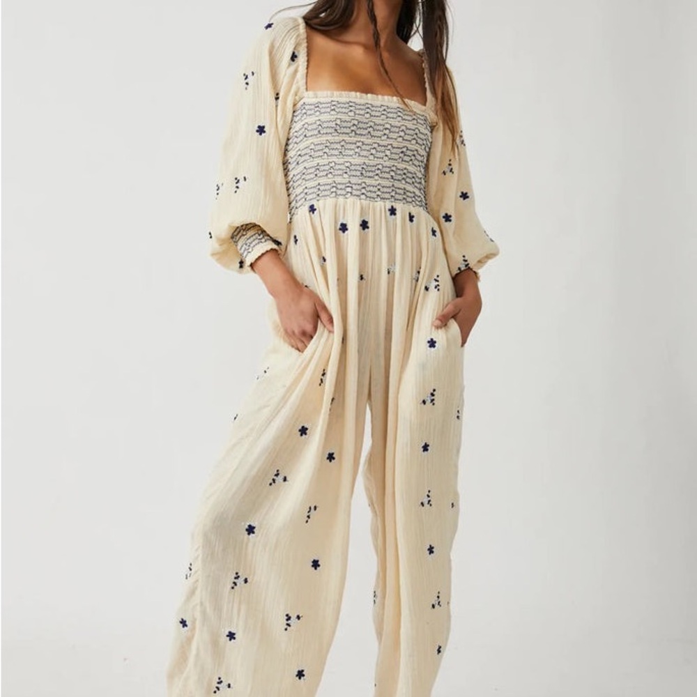 Free People Dahlia Cream and Blue Bohemian Jumpsuit
